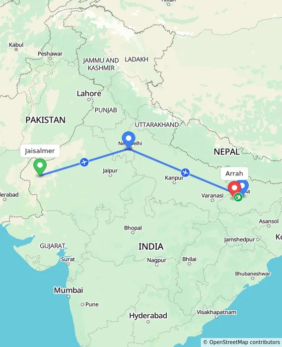 Route map showing distance and travel time from Jaisalmer, India to Arrah, India