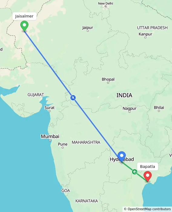 Route map showing distance and travel time from Jaisalmer, India to Bapatla, India