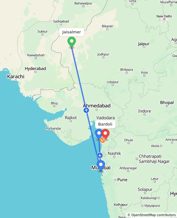Route map showing distance and travel time from Jaisalmer, India to Bardoli, India
