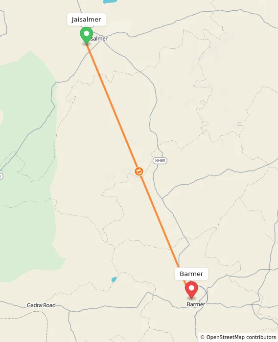 Route map showing distance and travel time from Jaisalmer, India to Barmer, India
