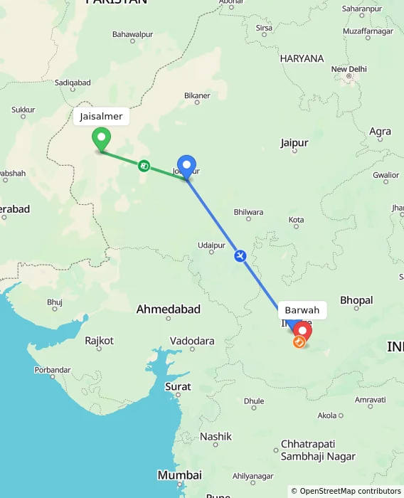 Route map showing distance and travel time from Jaisalmer, India to Barwah, India