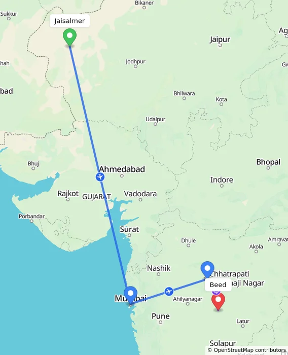 Route map showing distance and travel time from Jaisalmer, India to Beed, India