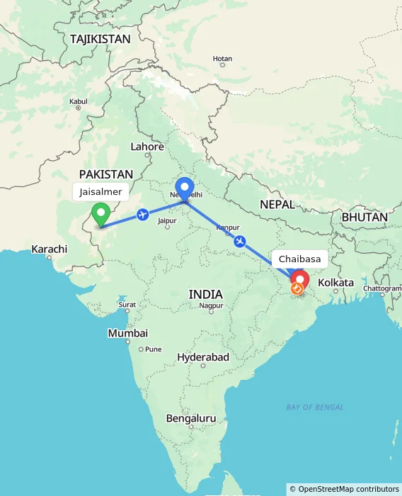 Route map showing distance and travel time from Jaisalmer, India to Chaibasa, India