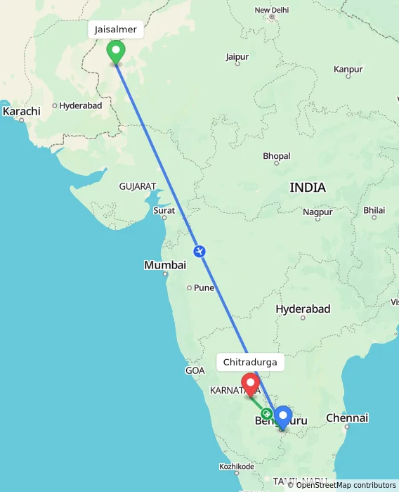 Route map showing distance and travel time from Jaisalmer, India to Chitradurga, India