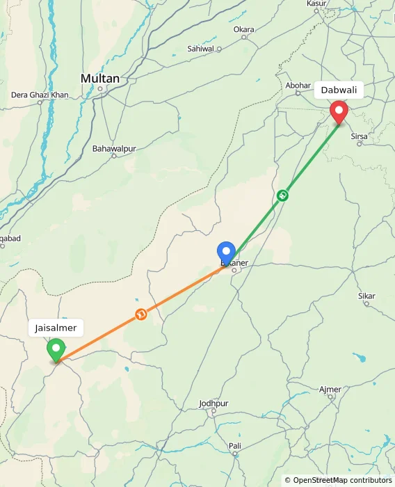 Route map showing distance and travel time from Jaisalmer, India to Dabwali, India