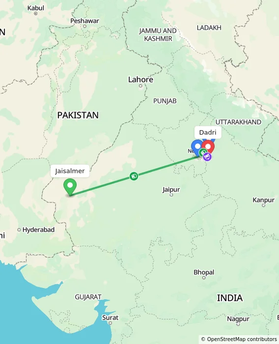 Route map showing distance and travel time from Jaisalmer, India to Dadri, India