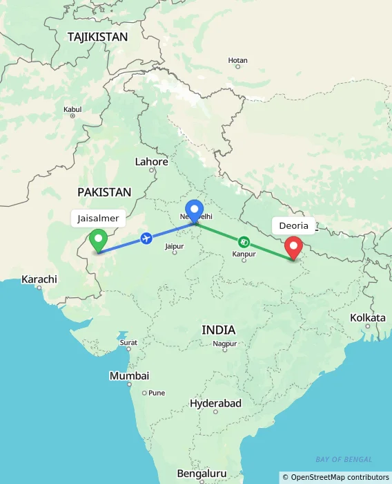 Route map showing distance and travel time from Jaisalmer, India to Deoria, India