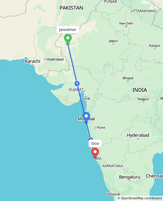 Route map showing distance and travel time from Jaisalmer, India to Goa, India