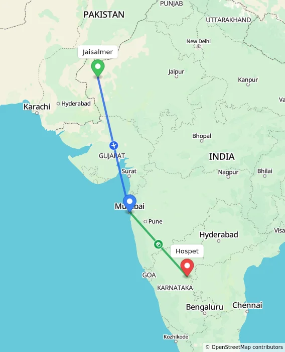 Route map showing distance and travel time from Jaisalmer, India to Hospet, India