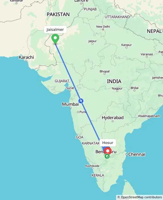 Route map showing distance and travel time from Jaisalmer, India to Hosur, India