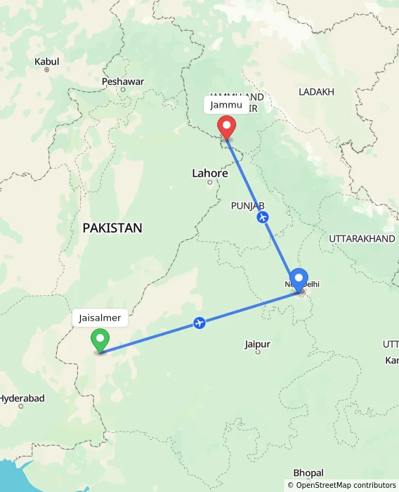 Route map showing distance and travel time from Jaisalmer, India to Jammu, India