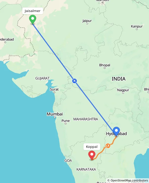 Route map showing distance and travel time from Jaisalmer, India to Koppal, India