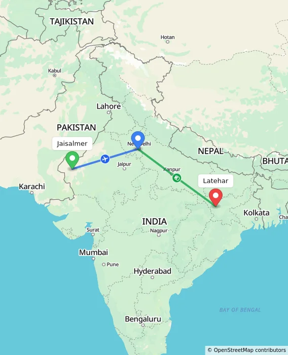 Route map showing distance and travel time from Jaisalmer, India to Latehar, India