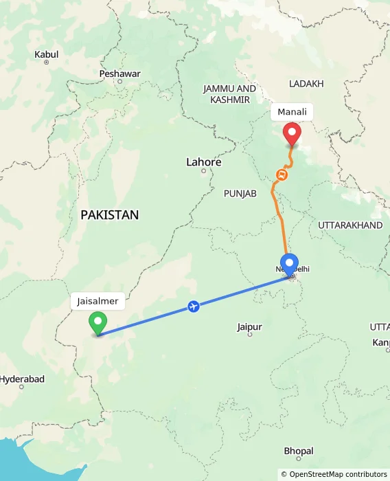 Route map showing distance and travel time from Jaisalmer, India to Manali, India
