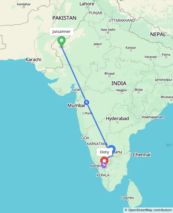 Route map showing distance and travel time from Jaisalmer, India to Ooty, India