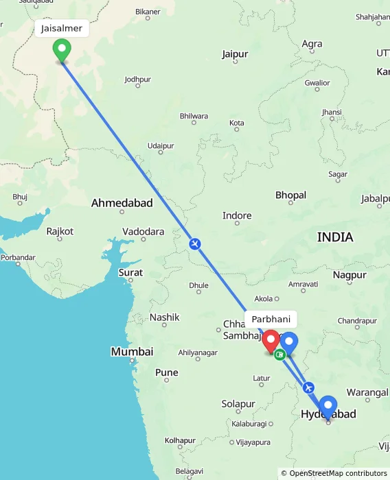 Route map showing distance and travel time from Jaisalmer, India to Parbhani, India