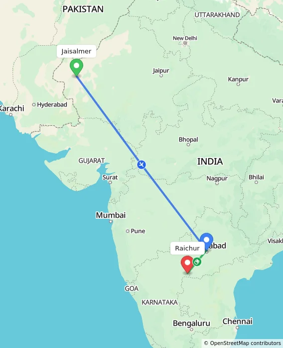 Route map showing distance and travel time from Jaisalmer, India to Raichur, India