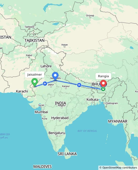 Route map showing distance and travel time from Jaisalmer, India to Rangia, India