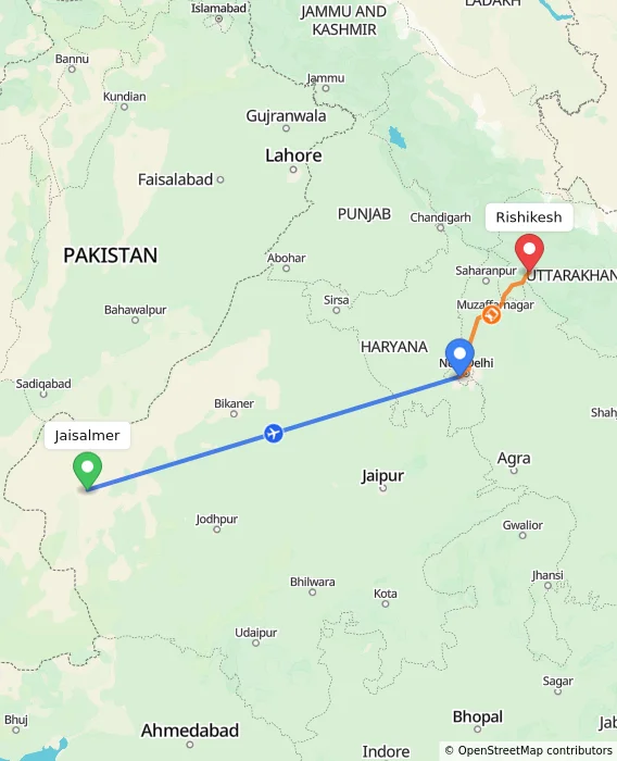 Route map showing distance and travel time from Jaisalmer, India to Rishikesh, India