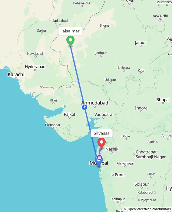 Route map showing distance and travel time from Jaisalmer, India to Silvassa, India