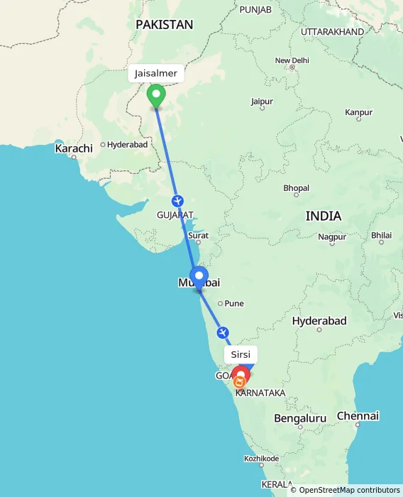 Route map showing distance and travel time from Jaisalmer, India to Sirsi, India