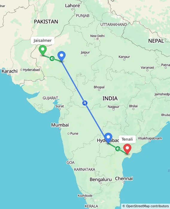 Route map showing distance and travel time from Jaisalmer, India to Tenali, India
