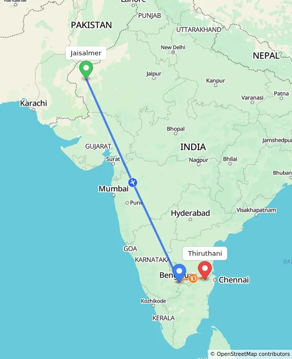 Route map showing distance and travel time from Jaisalmer, India to Thiruthani, India