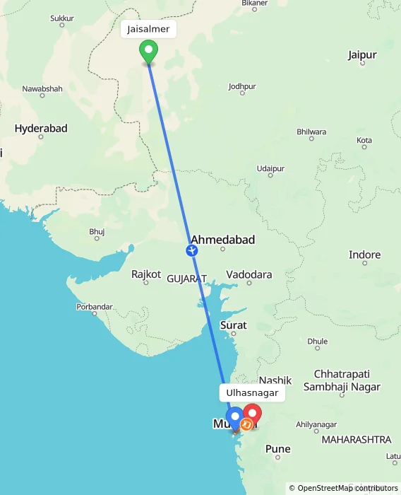 Route map showing distance and travel time from Jaisalmer, India to Ulhasnagar, India