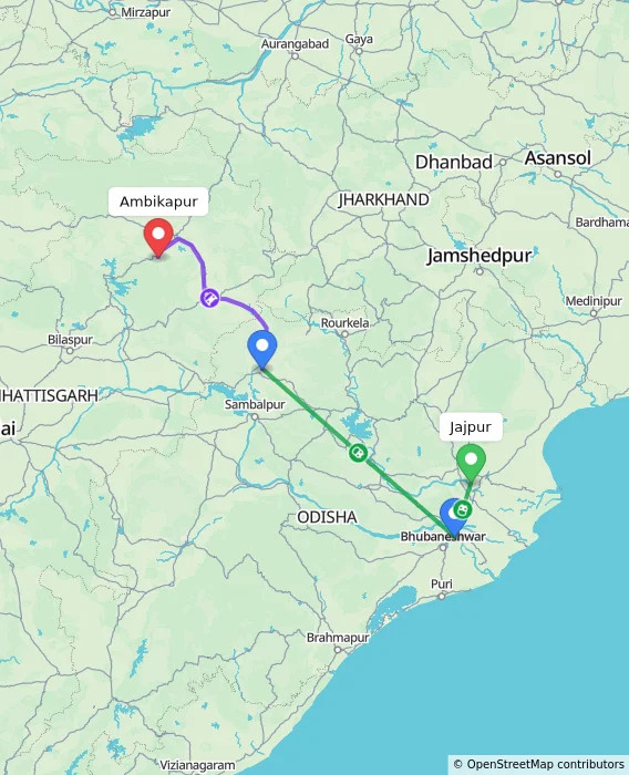 Route map showing distance and travel time from Jajpur, India to Ambikapur, India