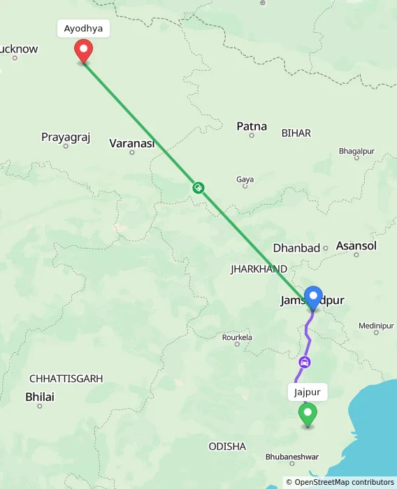 Route map showing distance and travel time from Jajpur, India to Ayodhya, India