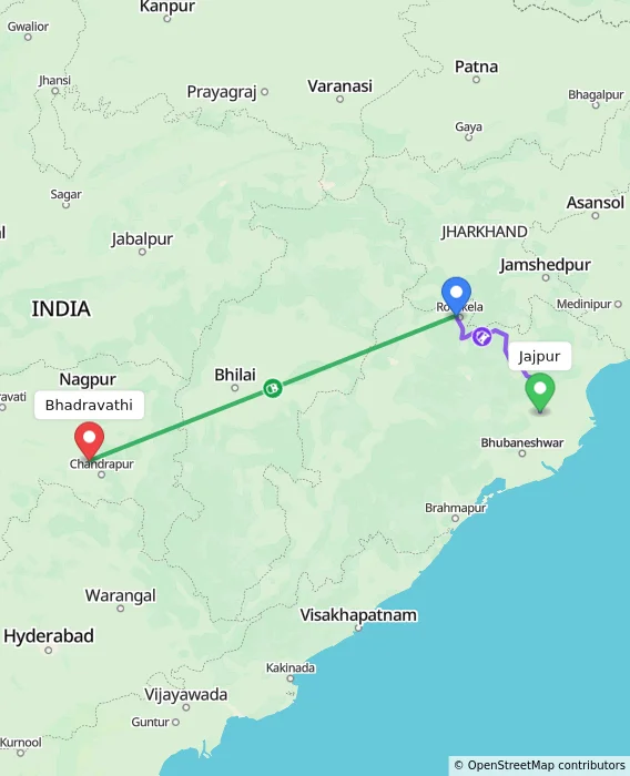 Route map showing distance and travel time from Jajpur, India to Bhadravathi, India