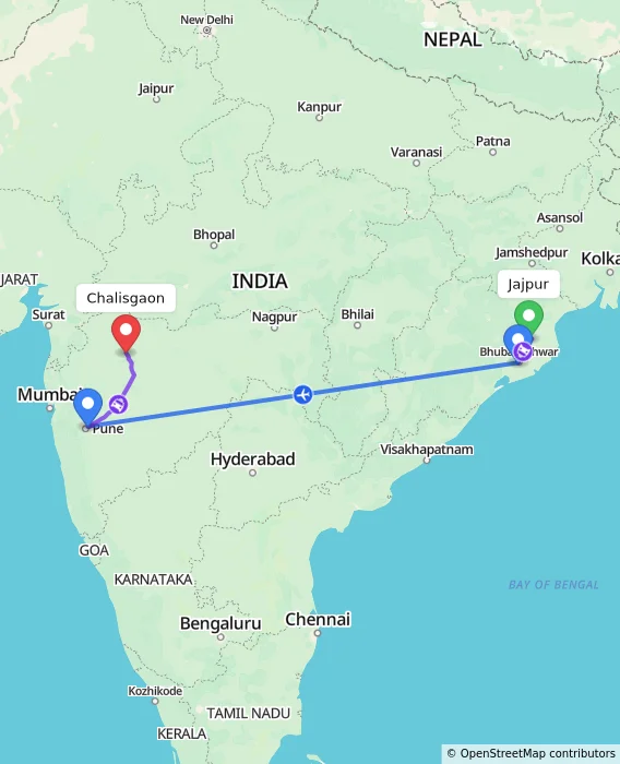 Route map showing distance and travel time from Jajpur, India to Chalisgaon, India