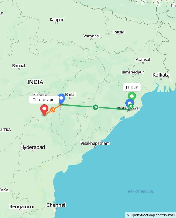 Route map showing distance and travel time from Jajpur, India to Chandrapur, India