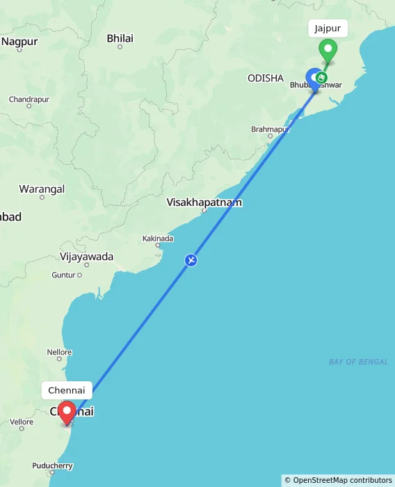 Route map showing distance and travel time from Jajpur, India to Chennai, India