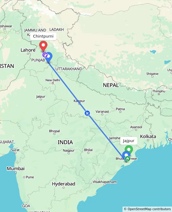 Route map showing distance and travel time from Jajpur, India to Chintpurni, India