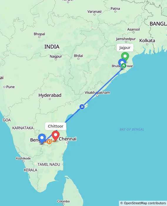 Route map showing distance and travel time from Jajpur, India to Chittoor, India