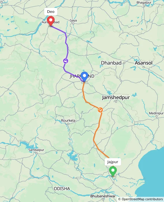Route map showing distance and travel time from Jajpur, India to Deo, India