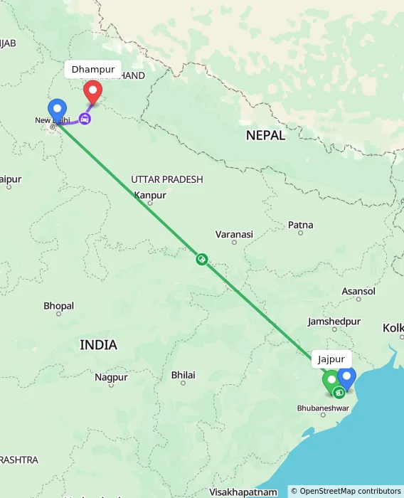 Route map showing distance and travel time from Jajpur, India to Dhampur, India