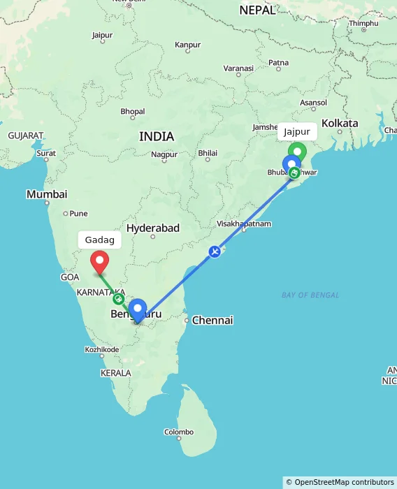 Route map showing distance and travel time from Jajpur, India to Gadag, India