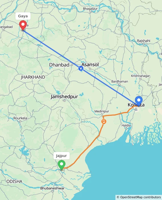 Route map showing distance and travel time from Jajpur, India to Gaya, India