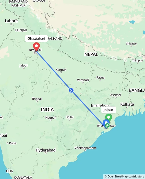 Route map showing distance and travel time from Jajpur, India to Ghaziabad, India