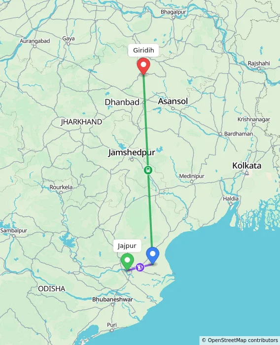 Route map showing distance and travel time from Jajpur, India to Giridih, India