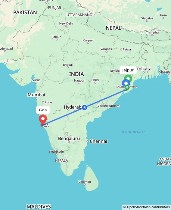 Route map showing distance and travel time from Jajpur, India to Goa, India