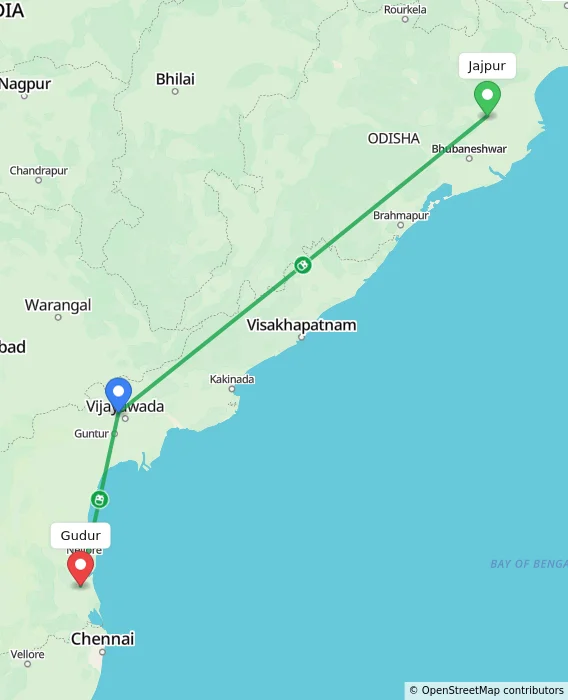Route map showing distance and travel time from Jajpur, India to Gudur, India