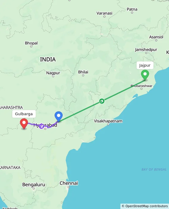 Route map showing distance and travel time from Jajpur, India to Gulbarga, India