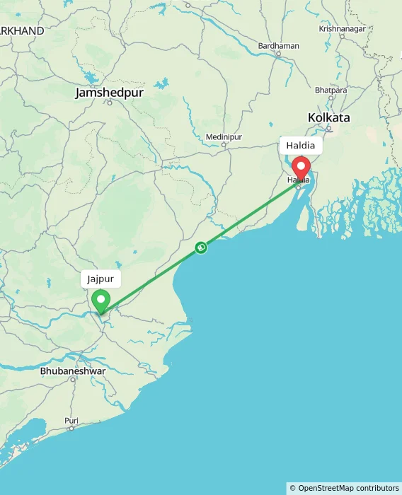 Route map showing distance and travel time from Jajpur, India to Haldia, India