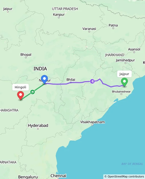 Route map showing distance and travel time from Jajpur, India to Hingoli, India
