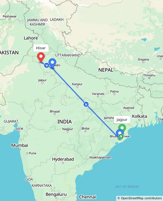 Route map showing distance and travel time from Jajpur, India to Hisar, India