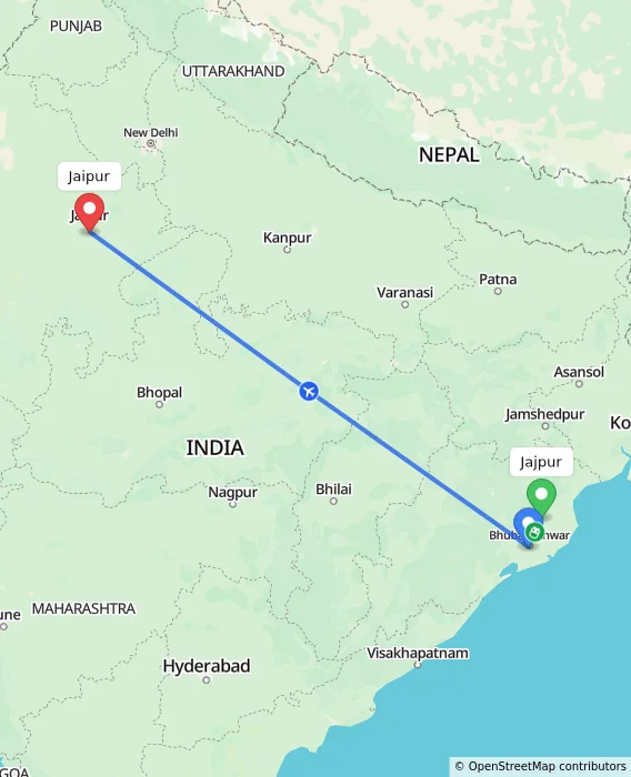 Route map showing distance and travel time from Jajpur, India to Jaipur, India