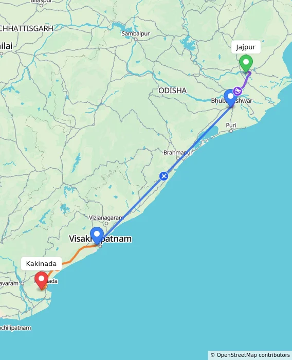 Route map showing distance and travel time from Jajpur, India to Kakinada, India